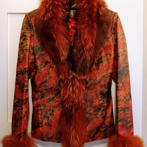 Cache Jackets & Blazers - Gorgeous Cache Red Fox Fur Fitted Leather Tie Dye Leather Jacket Excellent!
